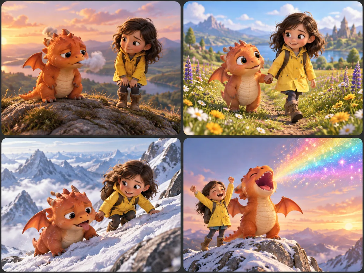 Four scenes from The Dragon Who Lost His Roar, from the first try to the big roar